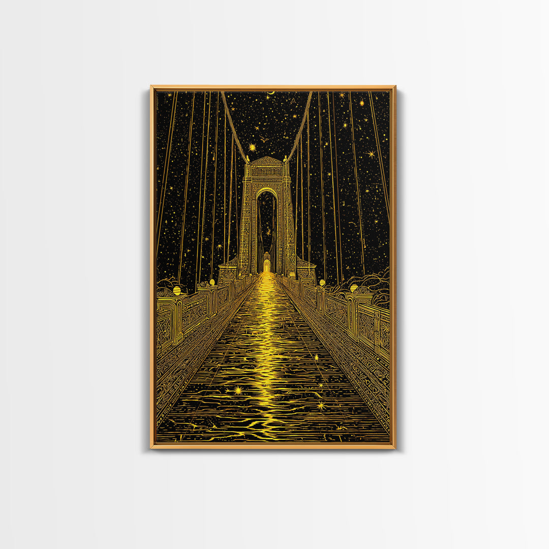 Celestial Bridge Gold Canvas Print, Fantasy Gateway Art On Canvas, Real Wood Frame Wall Décor, Mystical Night Sky Artwork