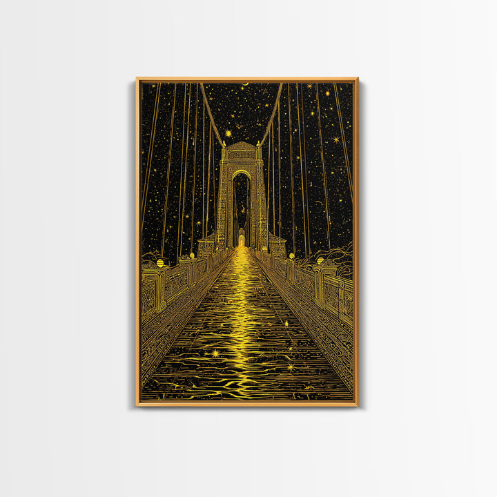 Celestial Bridge Gold Canvas Print, Fantasy Gateway Art On Canvas, Real Wood Frame Wall Décor, Mystical Night Sky Artwork