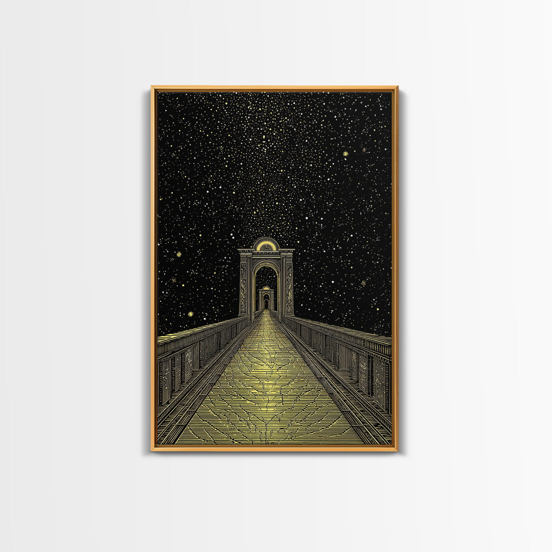 Starlit Path Gold Canvas Art, Fantasy Bridgeway Canvas Print, Real Wood Frame Wall Décor, Celestial Mythology Dream Artwork