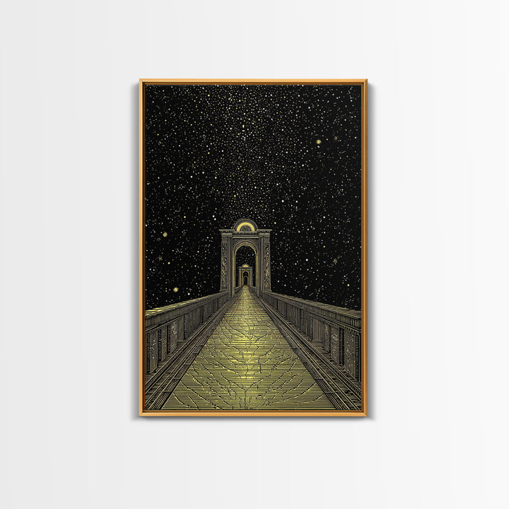 Starlit Path Gold Canvas Art, Fantasy Bridgeway Canvas Print, Real Wood Frame Wall Décor, Celestial Mythology Dream Artwork