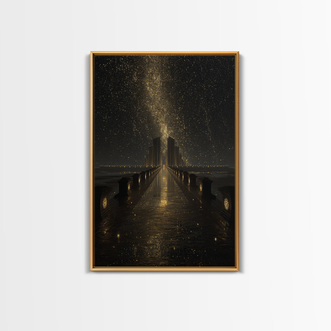 Cosmic Gateway Gold Canvas Print, Mystical Fantasy Bridge Art On Canvas, Real Wood Frame Décor, Starry Sky Celestial Artwork