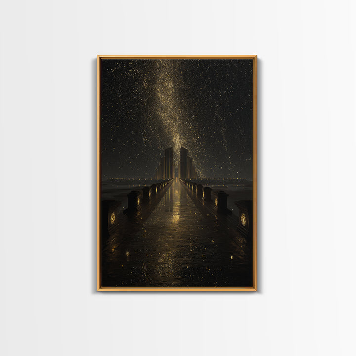 Cosmic Gateway Gold Canvas Print, Mystical Fantasy Bridge Art On Canvas, Real Wood Frame Décor, Starry Sky Celestial Artwork