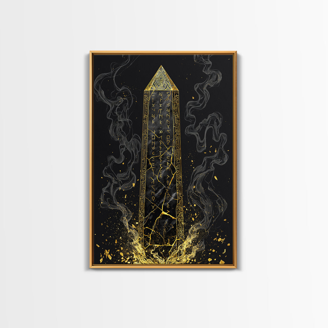 Runic Obelisk Gold Canvas Art, Mystical Stone Wall Print On Canvas, Real Wood Frame Decor, Ancient Fantasy Symbolic Artwork