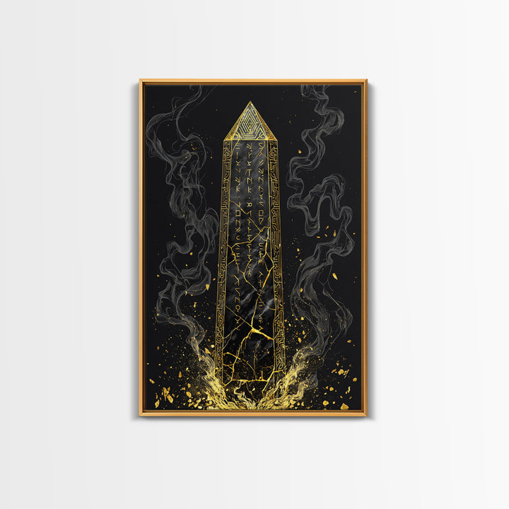 Runic Obelisk Gold Canvas Art, Mystical Stone Wall Print On Canvas, Real Wood Frame Decor, Ancient Fantasy Symbolic Artwork