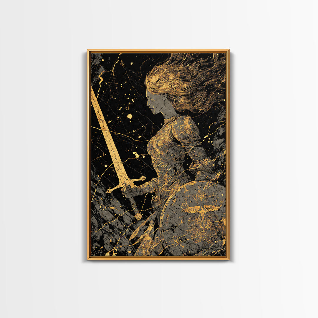 Warrior Maiden Gold Canvas Print, Female Knight With Sword And Shield Artwork, Real Wood Frame Wall Décor, Heroic Fantasy Art