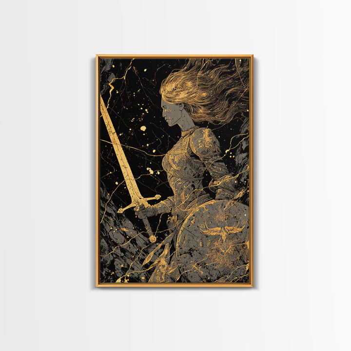 Warrior Maiden Gold Canvas Print, Female Knight With Sword And Shield Artwork, Real Wood Frame Wall Décor, Heroic Fantasy Art