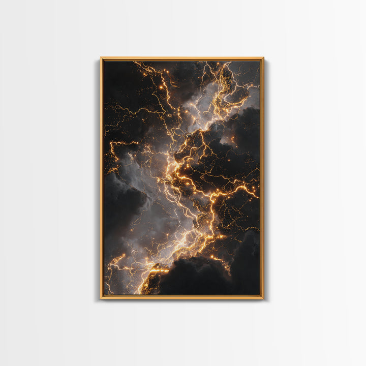 Celestial Lightning Storm Gold Canvas Art, Abstract Thunder Energy Canvas Print, Real Wood Frame Wall Décor, Dramatic Cosmic Power Artwork