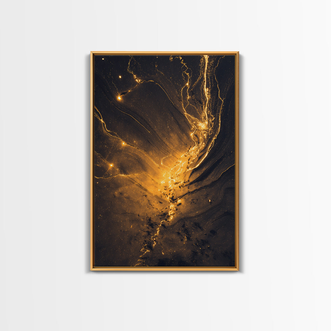 Golden River Flow Gold Canvas Print, Abstract Liquid Energy Artwork On Canvas, Real Wood Frame Wall Décor, Celestial Fluid Art