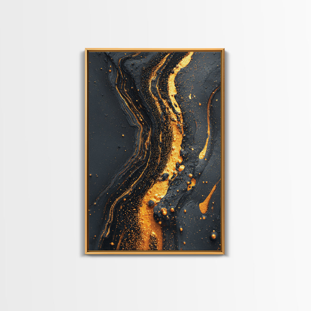Abstract Gold Flow Art, Modern Luxury Canvas Print With Real Wood Frame, Fluid River Inspired Wall Décor, Contemporary Statement Artwork
