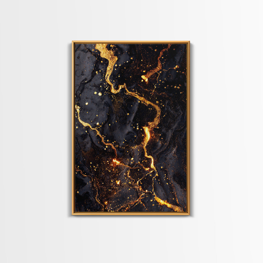 Abstract Lava Veins Gold Canvas Print, Modern Luxury Flow Artwork On Canvas, Real Wood Frame Wall Décor, Dramatic Statement Art