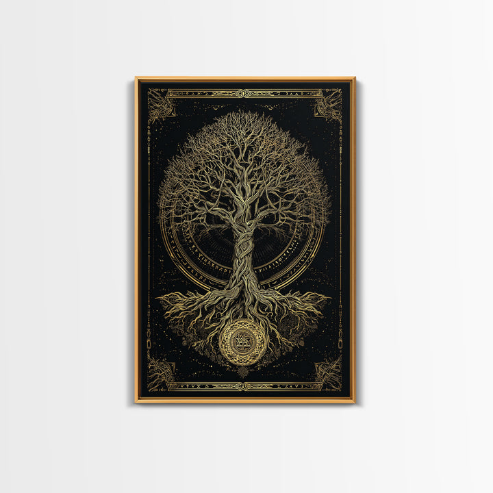 Sacred Yggdrasil Gold Canvas Art, Norse Mythology Tree Of Life Canvas Print, Real Wood Frame Wall Décor, Mystical Viking Symbol Artwork