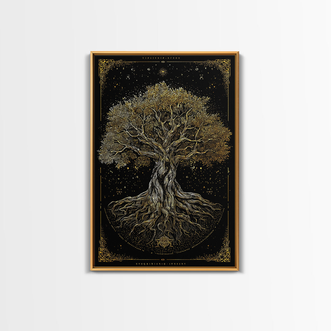 Ancient Cosmic Tree Gold Canvas Print, Norse Mythology Inspired Yggdrasil Artwork, Real Wood Frame Wall Décor, Mystical Fantasy Art