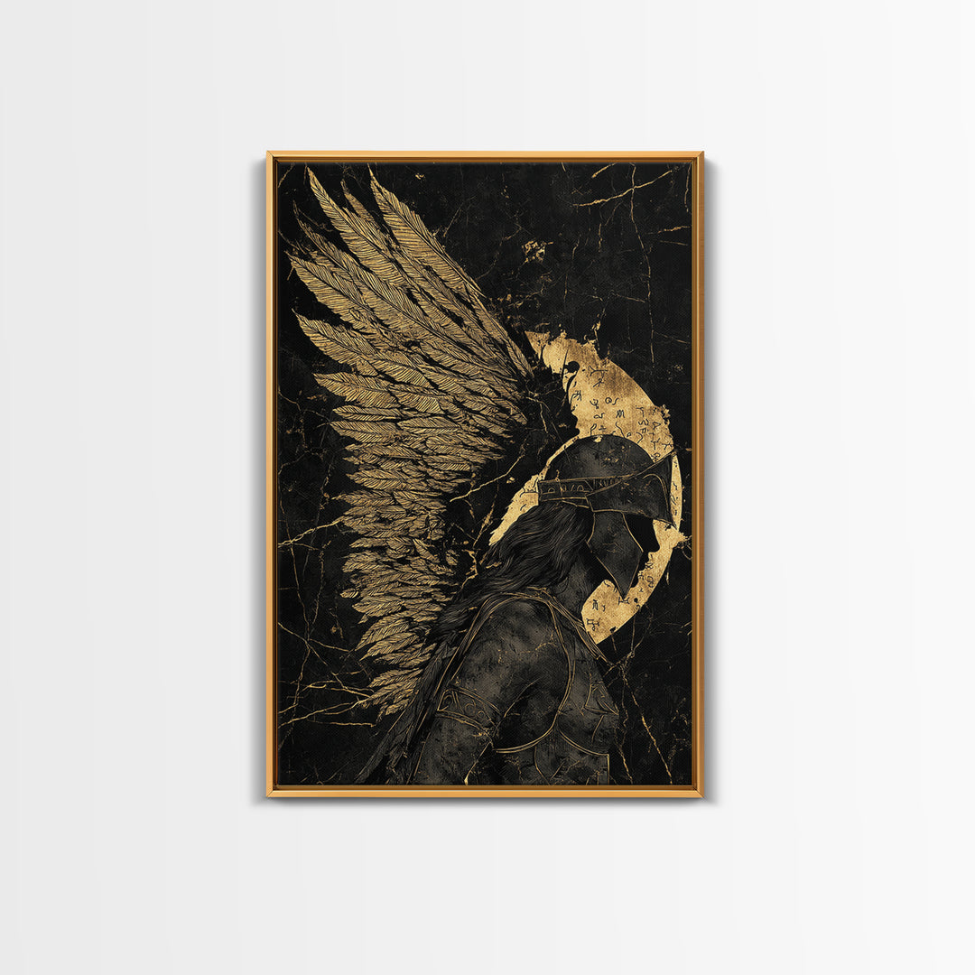 Winged Warrior Gold Canvas Print, Angelic Guardian Art On Canvas, Real Wood Frame Decor, Mythology Spiritual Wall Artwork