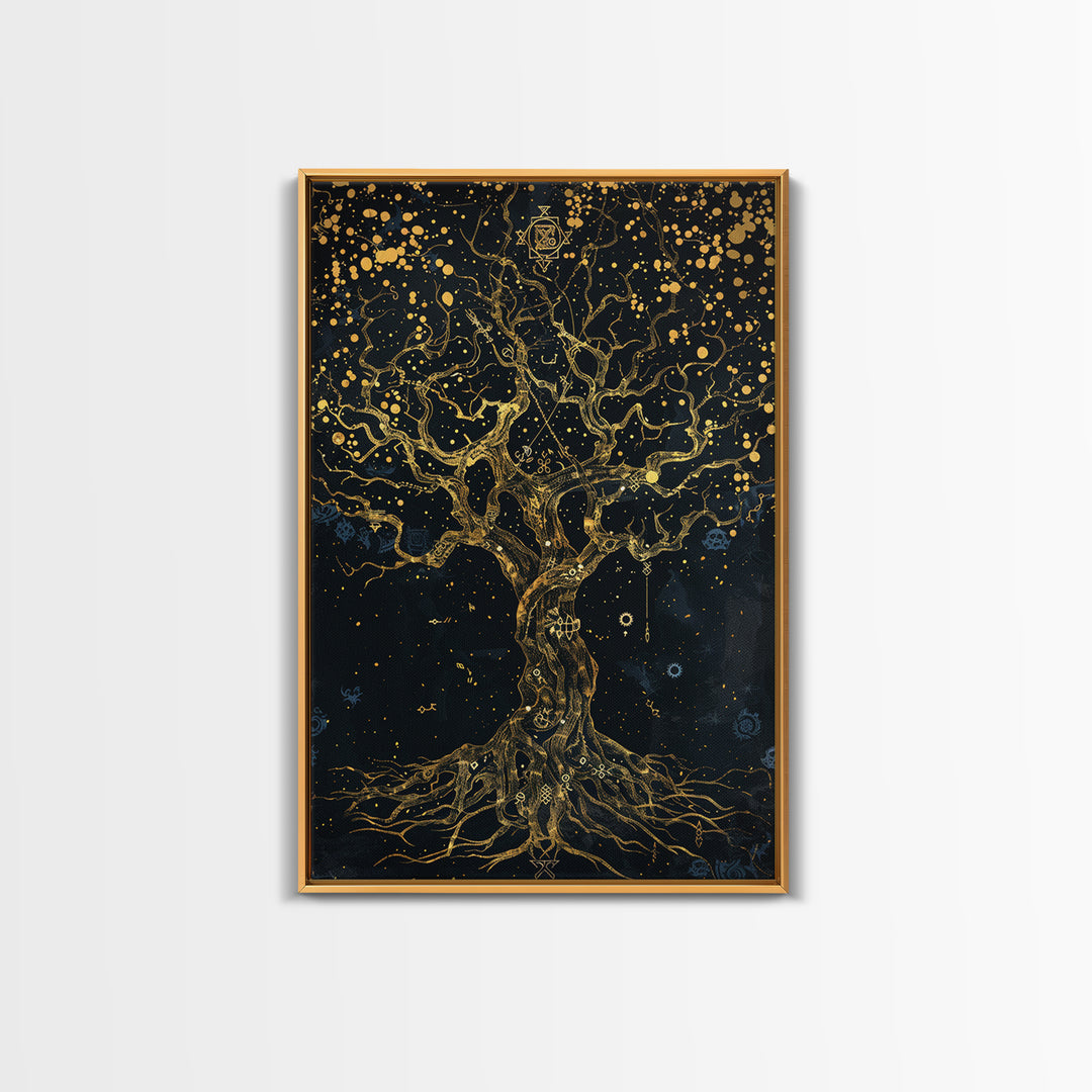 Mystical Tree Of Life Gold Canvas Art, Celestial Symbolic Nature Canvas Print, Real Wood Frame Wall Décor, Sacred Mythology Fantasy Artwork