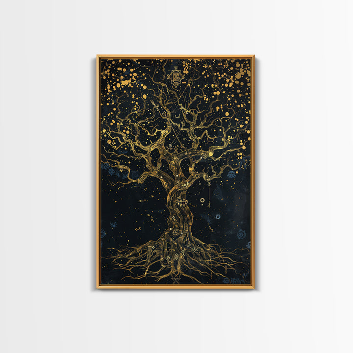 Mystical Tree Of Life Gold Canvas Art, Celestial Symbolic Nature Canvas Print, Real Wood Frame Wall Décor, Sacred Mythology Fantasy Artwork