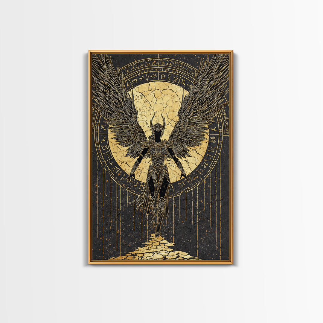 Celestial Angel Gold Canvas Art, Majestic Winged Warrior Canvas Print, Real Wood Frame Wall Décor, Divine Fantasy Statement Artwork