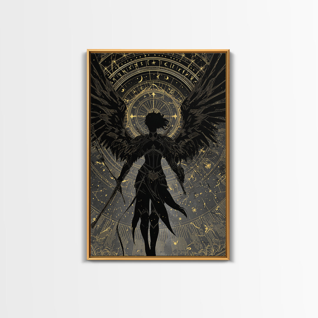 Celestial Archer Gold Canvas Art, Angel With Wings Canvas Print, Real Wood Frame Wall Décor, Divine Warrior Fantasy Artwork