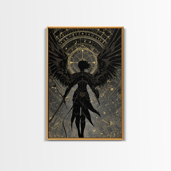 Celestial Archer Gold Canvas Art, Angel With Wings Canvas Print, Real Wood Frame Wall Décor, Divine Warrior Fantasy Artwork