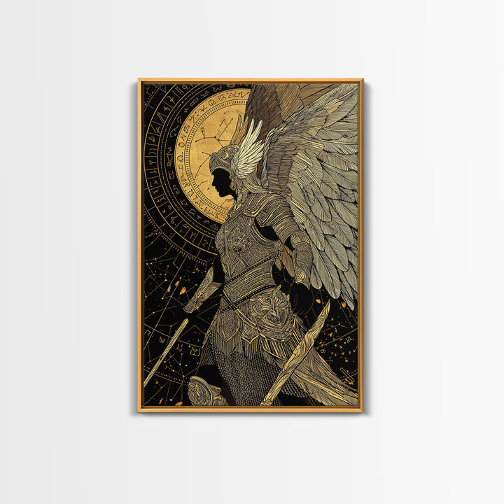 Divine Protector Gold Canvas Print, Angelic Warrior Art On Canvas, Real Wood Frame Wall Décor, Celestial Mythology Artwork