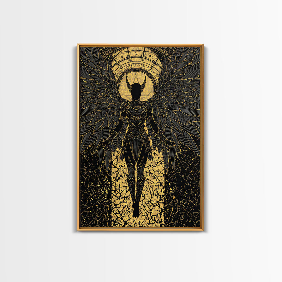 Ascendant Angel Gold Canvas Print, Winged Warrior Art On Canvas, Real Wood Frame Wall Décor, Celestial Divine Statement Artwork
