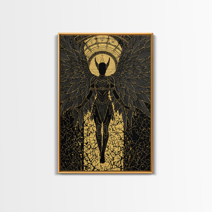 Ascendant Angel Gold Canvas Print, Winged Warrior Art On Canvas, Real Wood Frame Wall Décor, Celestial Divine Statement Artwork