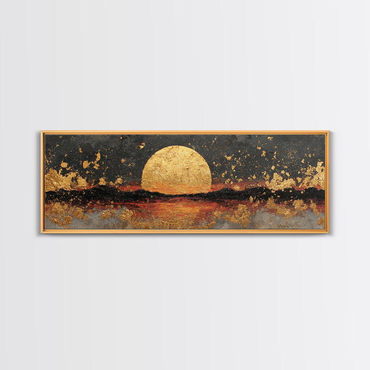 Golden Horizon Gold Canvas Print, Textured Sunset Wall Art, Abstract Sun Over Water Artwork With Real Wood Frame
