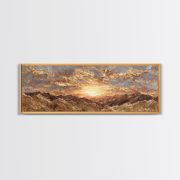 Sunlit Peaks Gold Canvas Print, Golden Mountain Sunrise Wall Art, Abstract Nature Landscape Artwork With Real Wood Frame