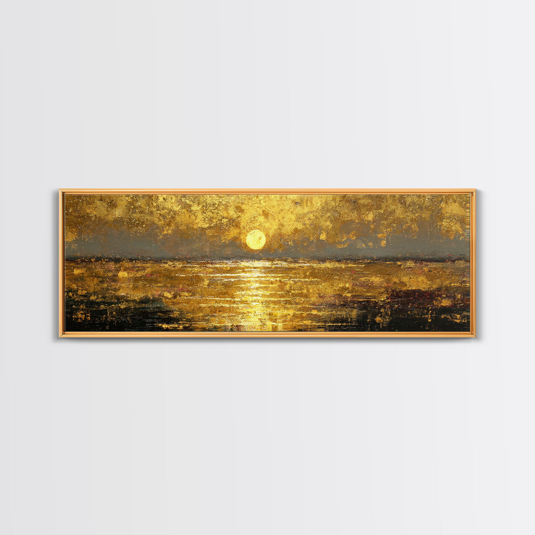 Radiant Reflection Gold Canvas Print, Golden Sun Over Water Wall Art, Shimmering Seascape Artwork With Real Wood Frame