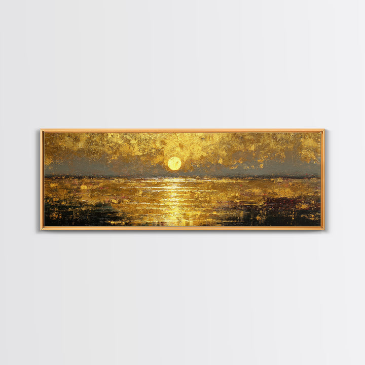 Radiant Reflection Gold Canvas Print, Golden Sun Over Water Wall Art, Shimmering Seascape Artwork With Real Wood Frame