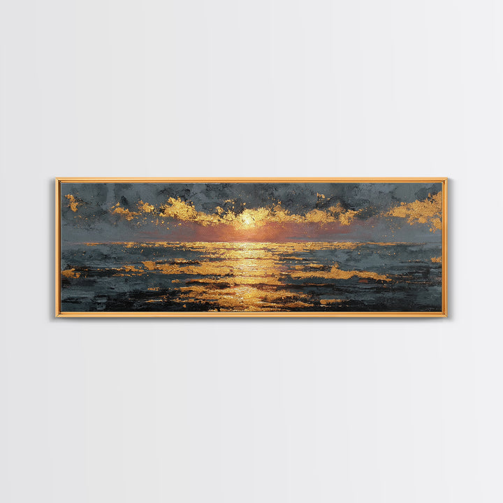 Ocean Sunset Gold Canvas Print, Glowing Sun Over Waves Wall Art, Modern Coastal Seascape Artwork With Real Wood Frame
