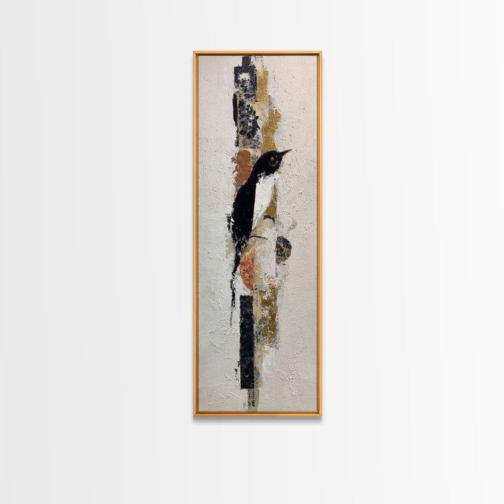 Small Black Bird Crossing White Space Framed Canvas Print, Minimalist Art, Boho Decor, Living Room Decor, Oil Painting, Minimal, MIN-1x3-91