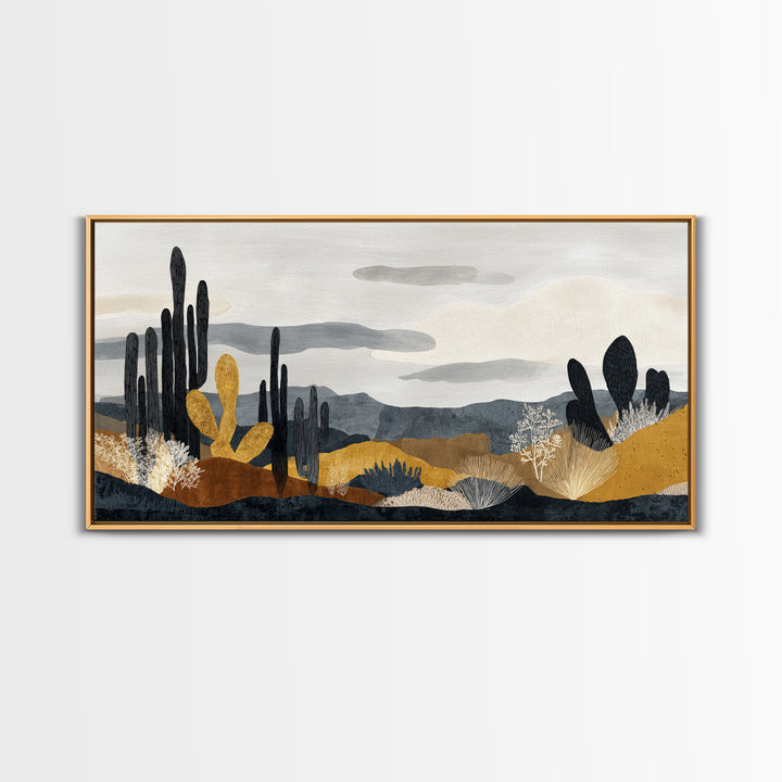 Black and White Cactus Silhouette Framed Canvas Print, Minimalist Art, Fine Art Print, Living Room Decor, Fine Art, Minimal, MIN-2x1-16