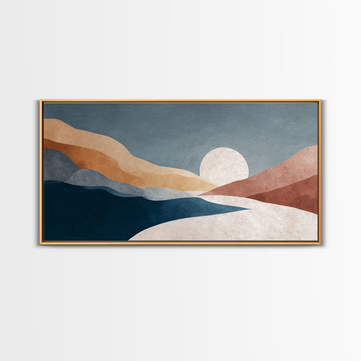 Minimal Moon over a Pale Ocean Framed Canvas Print, Minimalist Art, Printable Wall Art, Living Room Decor, Fine Art, Minimal, MIN-2x1-29