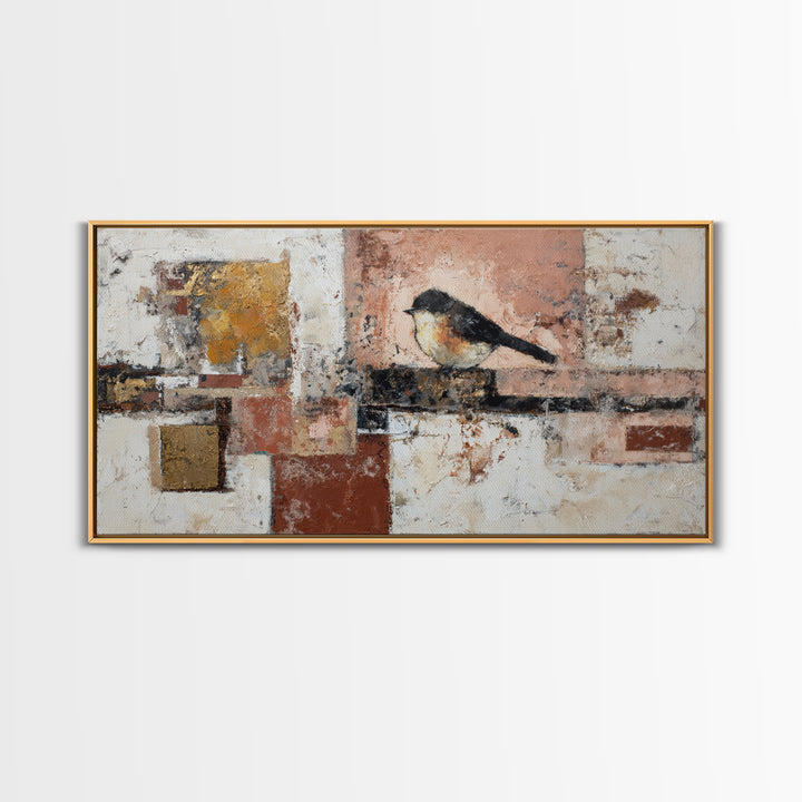 Small Black Bird Crossing White Space Framed Canvas Print, Minimalist Art, Large Wall Art, Living Room Decor, Fine Art, Minimal, MIN-2x1-3