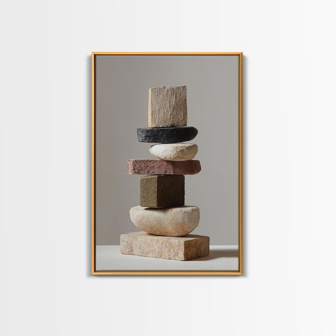 Quiet Stone Stack Framed Canvas Print, Minimalist Art, Digital Wall Art, Living Room Decor, Abstract Art, Minimal, MIN-2x3-43