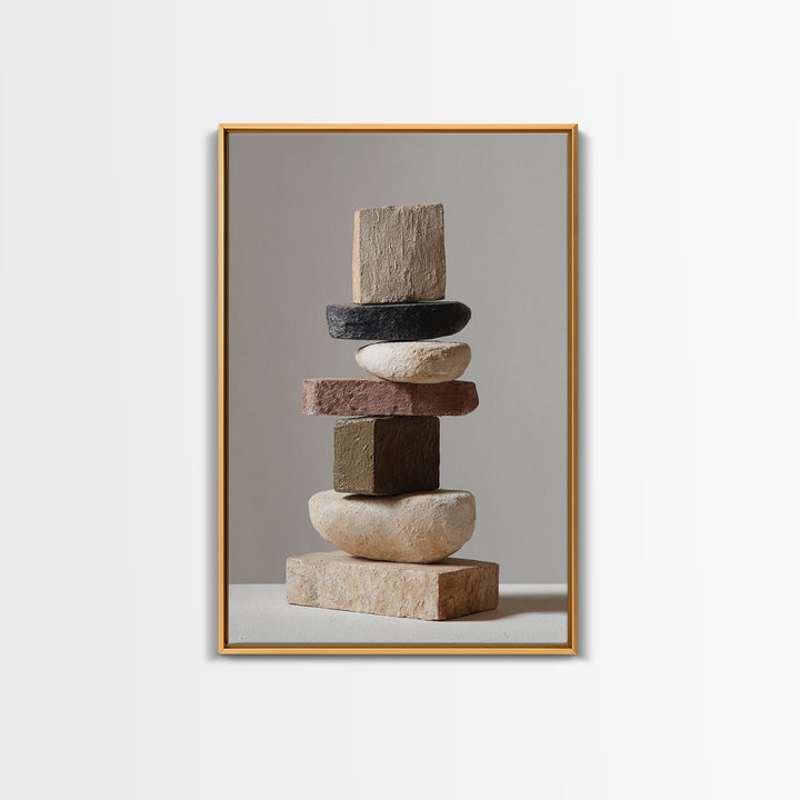 Quiet Stone Stack Framed Canvas Print, Minimalist Art, Digital Wall Art, Living Room Decor, Abstract Art, Minimal, MIN-2x3-43