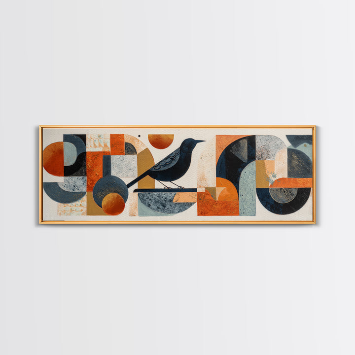 Small Black Bird Crossing White Space Framed Canvas Print, Minimalist Art, Room Decor, Living Room Decor, Fine Art, Minimal, MIN-3x1-23