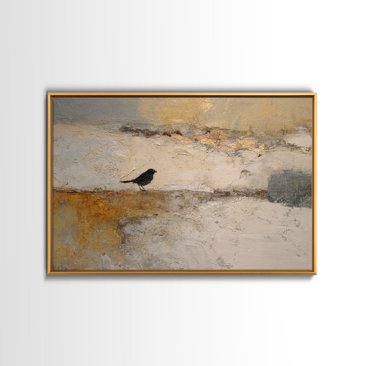 Small Black Bird Crossing White Space Framed Canvas Print, Minimalist Art, Room Decor, Living Room Decor, Fine Art, Minimal, MIN-3x2-35
