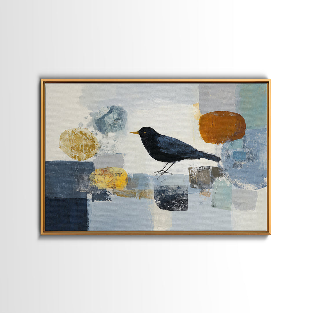Small Black Bird Crossing White Space Canvas Print, Minimalist Art, Large Wall Art, Living Room Decor, Fine Art, Minimal, MIN-3x2-83