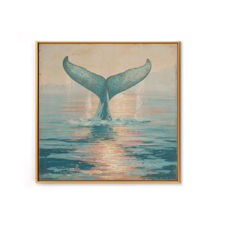 Whale Tail Rising from Misty Ocean Framed Canvas Print, Marine Life Art, Ocean Art, Living Room Decor, Oil Painting, Marine, MLA-1x1-2
