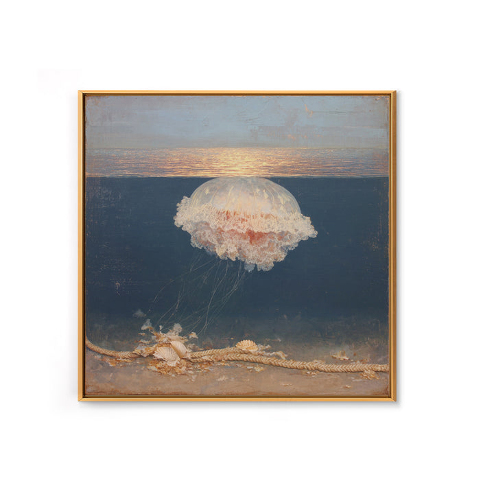 Jellyfish Floating in Luminous Dark Water Canvas Print, Marine Life Art, Fish Art, Living Room Decor, Oil Painting, Marine, MLA-1x1-30