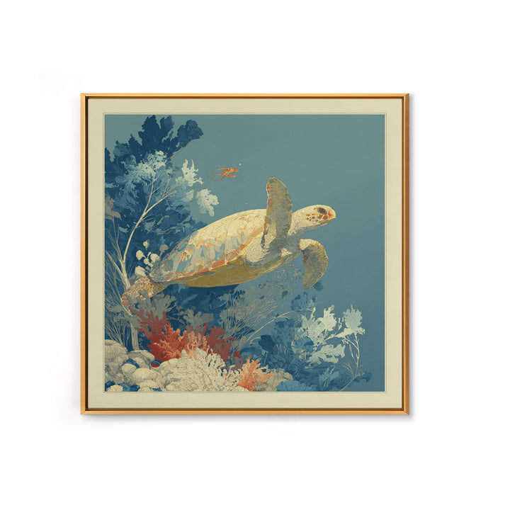 Bioluminescent Plankton Around Swimming Turtle Framed Canvas Print, Marine Life Art, Wall Art, Living Room Decor, Marine, MLA-1x1-48
