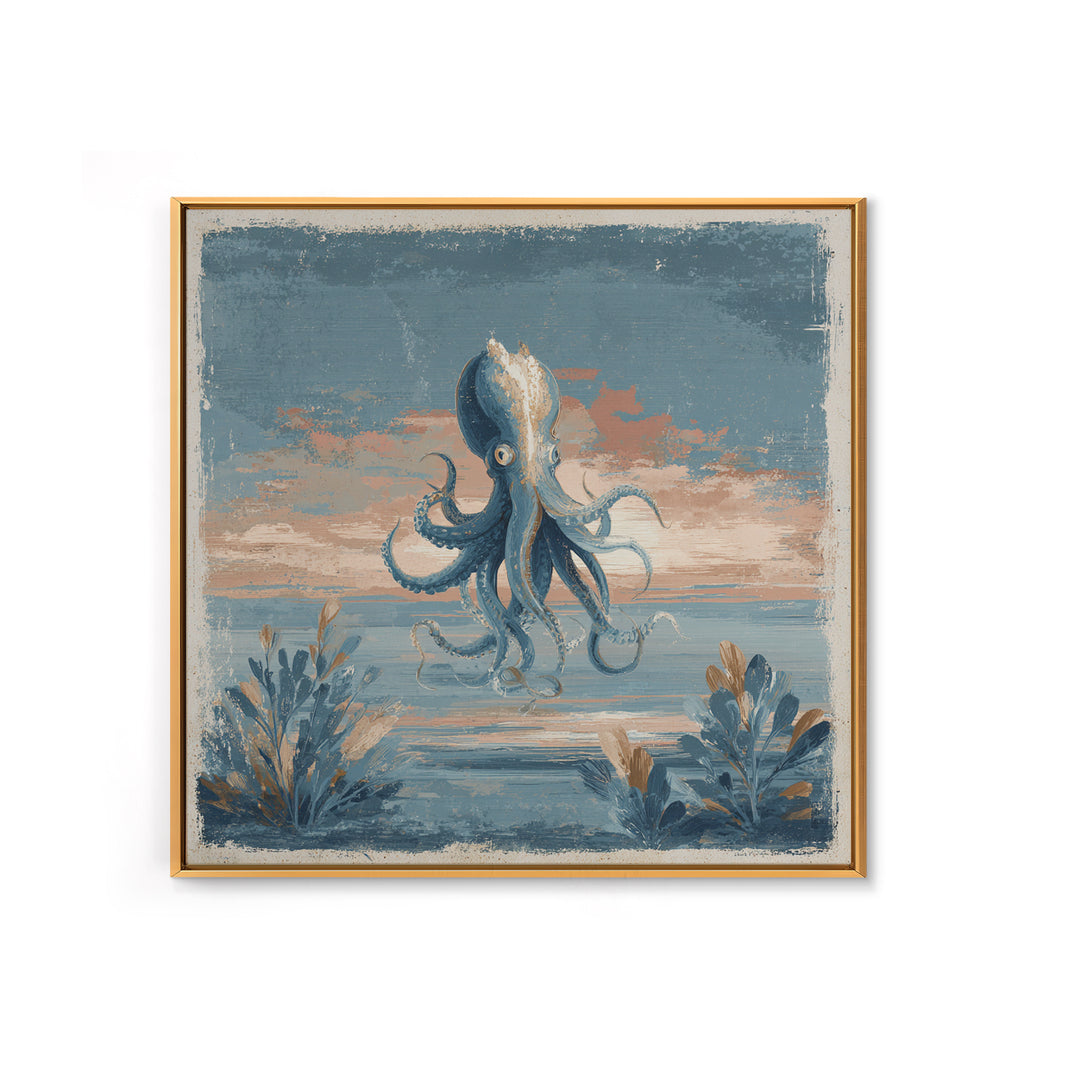 Squid in a Mysterious Midnight Sea Framed Canvas Print, Marine Life Art, Ocean Painting, Living Room Decor, Fine Art, Marine, MLA-1x1-67