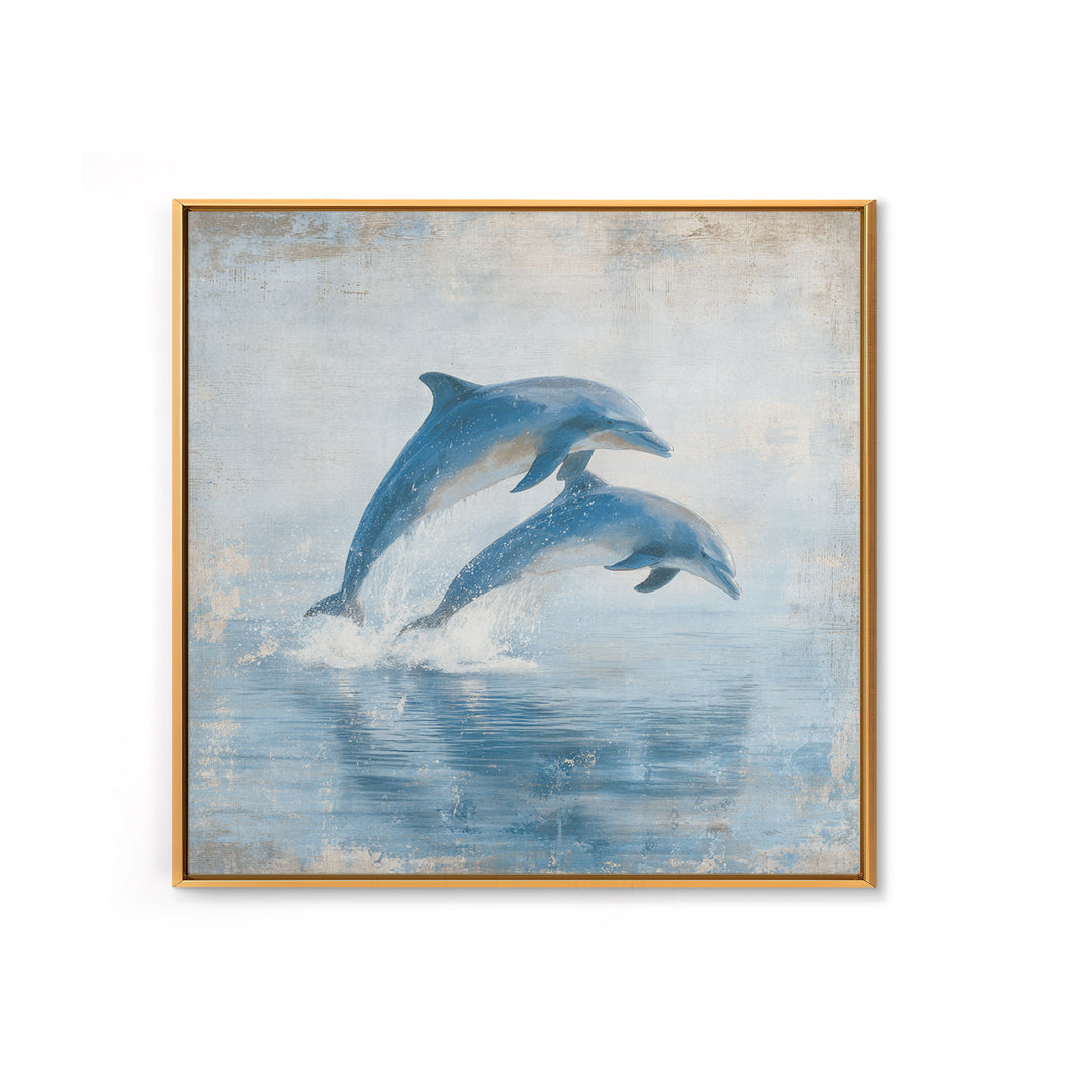 Dolphins Leaping Through Sunlit Waves Framed Canvas Print, Marine Life Art, Coastal Art, Living Room Decor, Fine Art, Marine, MLA-1x1-7