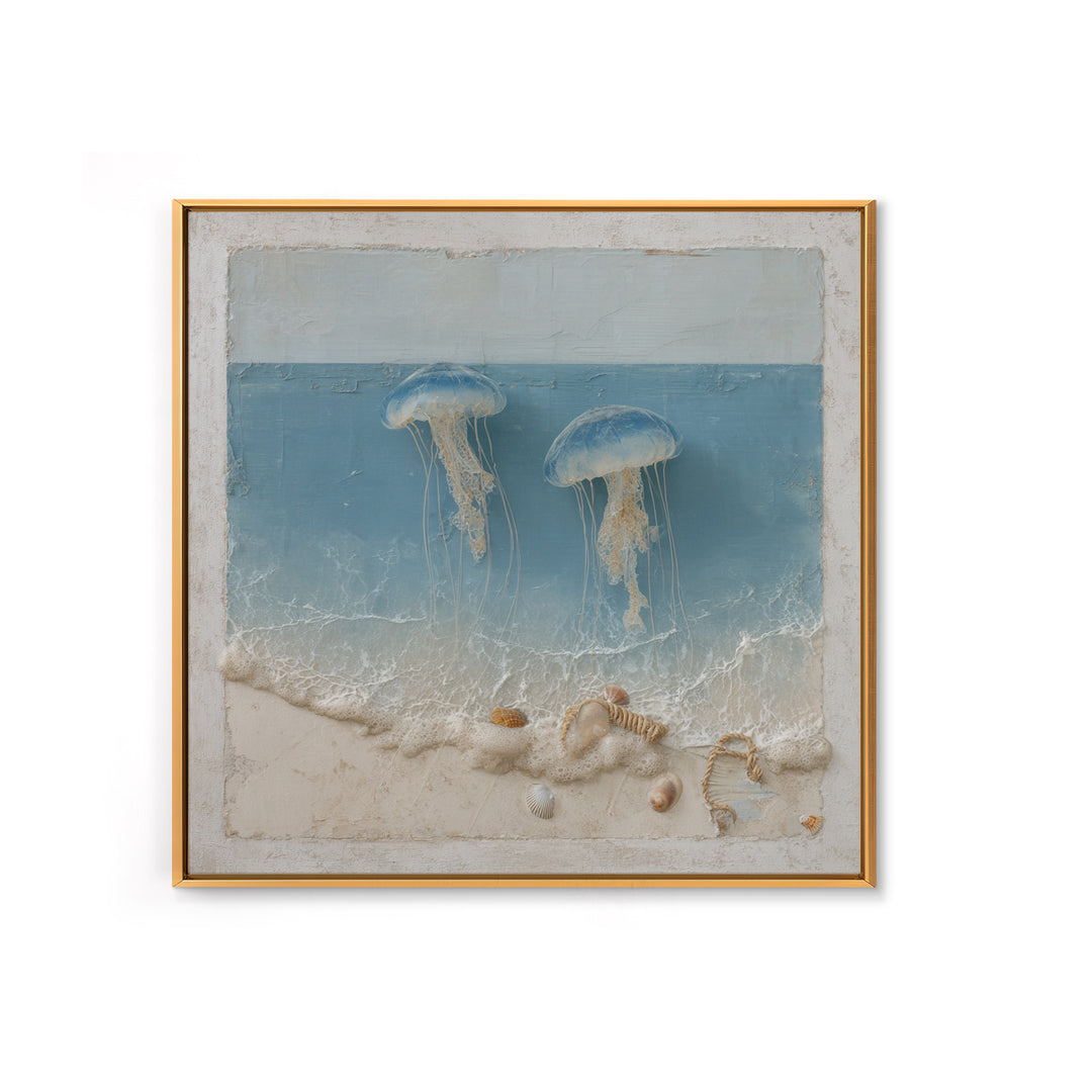 Jellyfish Floating in Luminous Dark Water Framed Canvas Print, Marine Life Art, Pastel Wall Art, Living Room Decor, Marine, MLA-1x1-78