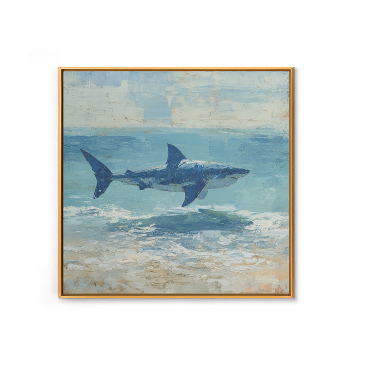 Shark Silhouette in Deep Blue Light Framed Canvas Print, Marine Life Art, Tropical Wall Art, Living Room Decor, Abstract Art, MLA-1x1-84