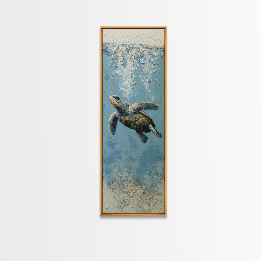 Bioluminescent Plankton Around Swimming Turtle Canvas Print, Marine Life Art, Fish Wall Art, Living Room Decor, Oil Painting, MLA-1x3-12