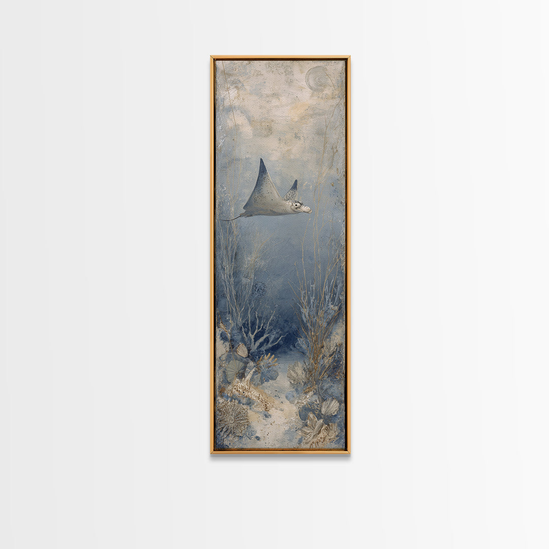 Manta Ray Flying Through Underwater Light Canvas Print, Marine Life Art, Beach House Decor, Living Room Decor, Fine Art, Marine, MLA-1x3-26