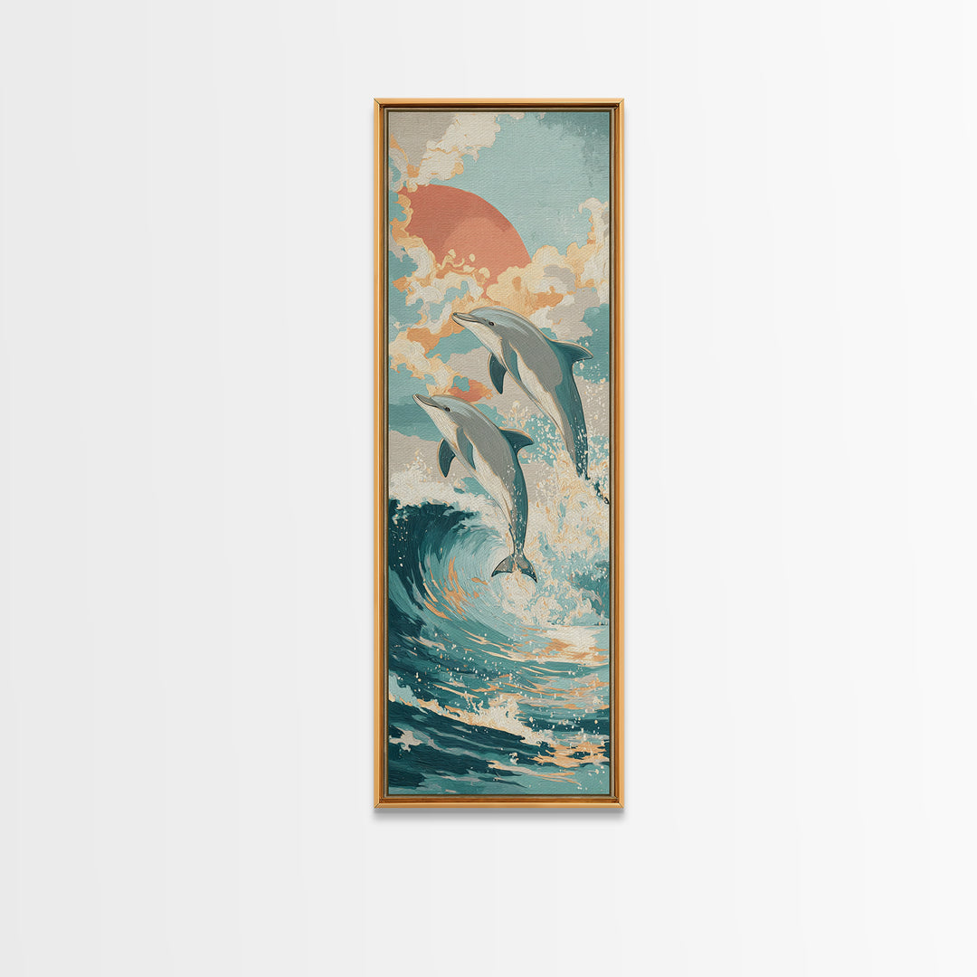 Dolphins Leaping Through Sunlit Waves Canvas Print, Marine Life Art, Wall Decor, Living Room Decor, Fine Art, Marine, MLA-1x3-43