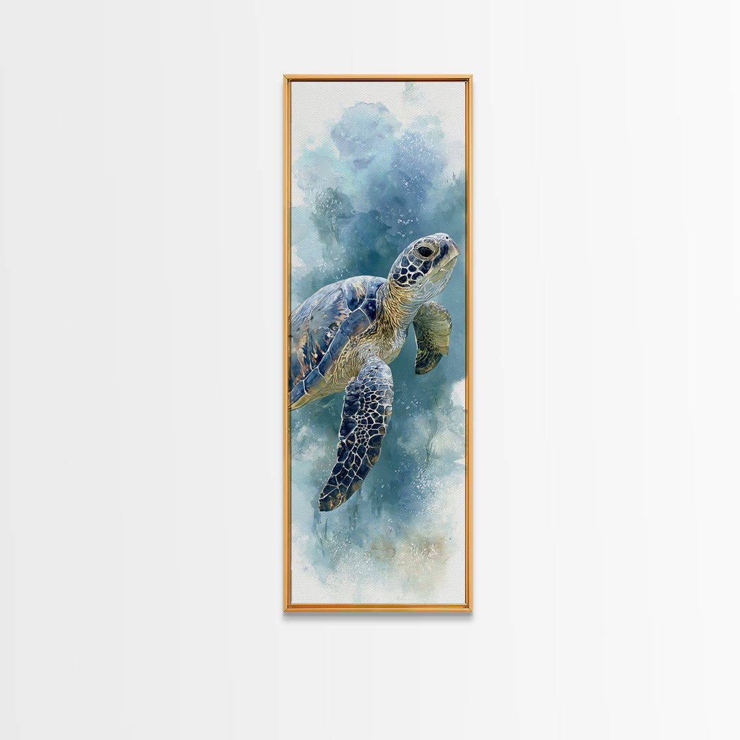 Sea Turtle Gliding Through Clear Blue Water Framed Canvas Print, Marine Life Art, Ocean Painting, Living Room Decor, Marine, MLA-1x3-61